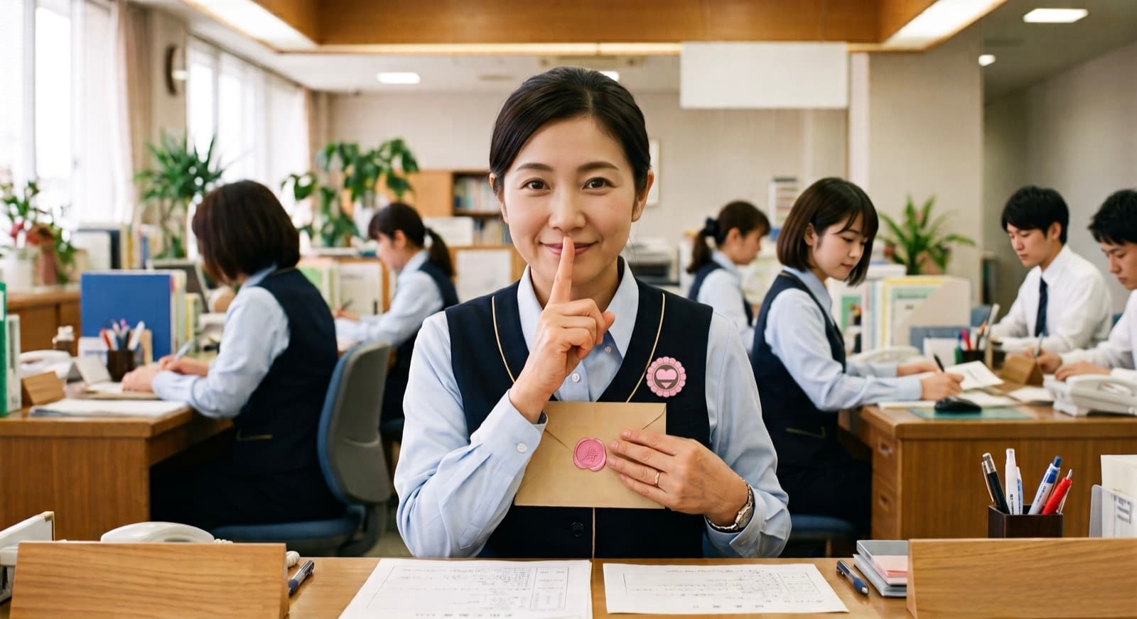 封をした封筒を持ち、内緒のポーズをする脈アリ省の職員