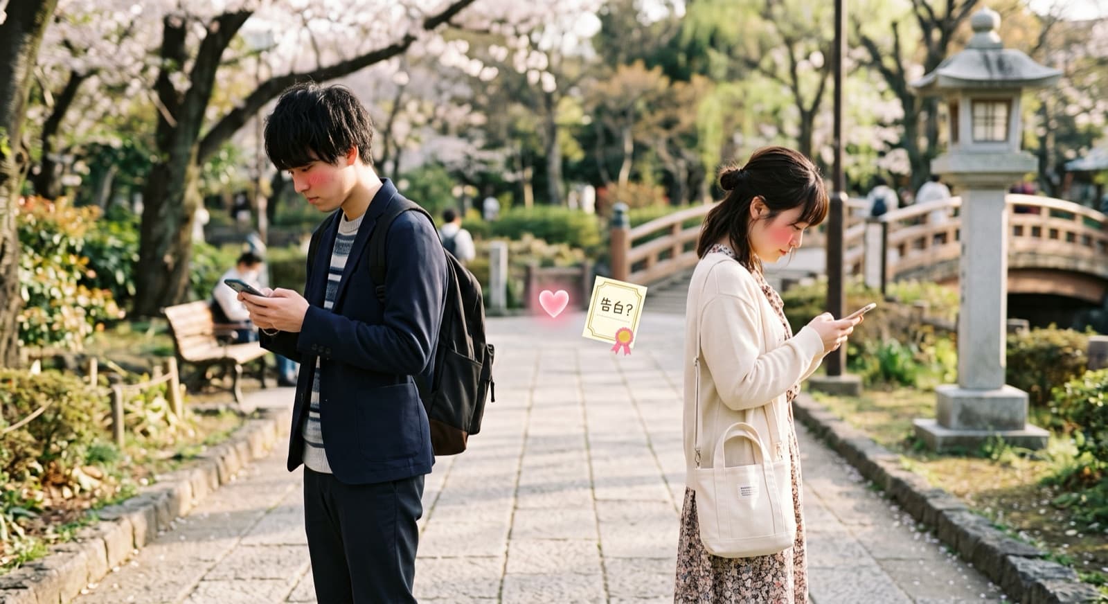 桜の公園で背中合わせにスマホを見る二人